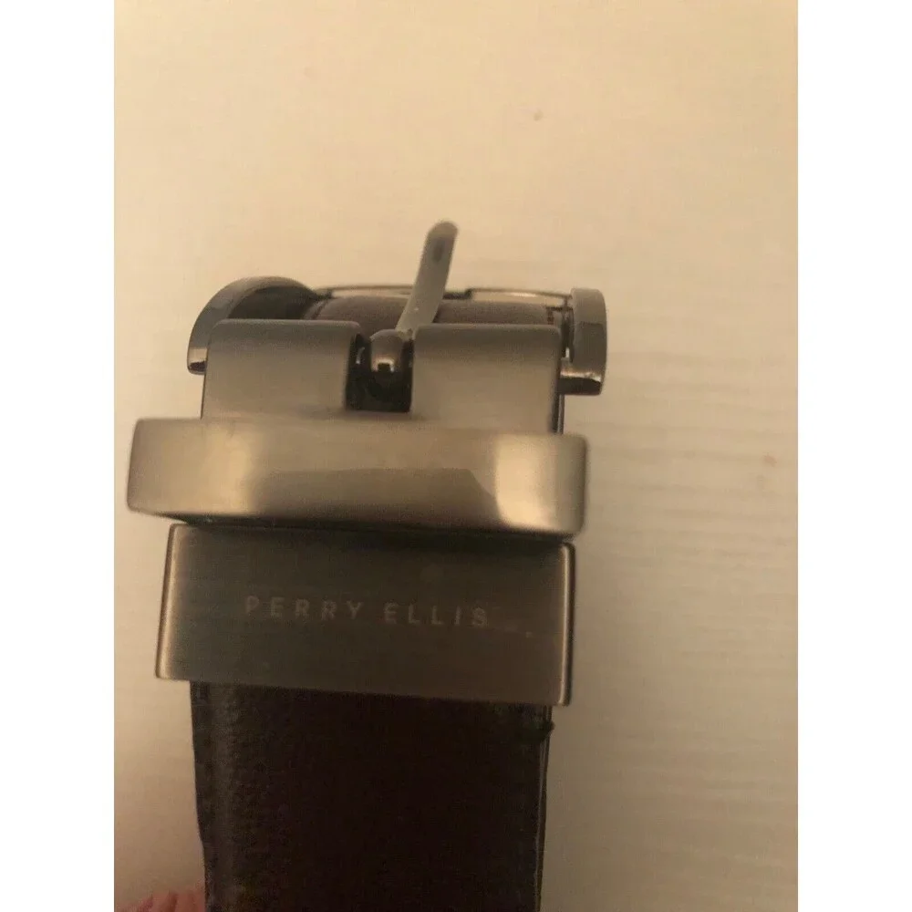 Perry Ellis Men Brown‎ Black Genuine Leather Reversible Buckle Dress Belt 38